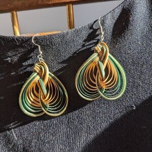 💚 Handmade Bamboo earrings drop danglers green Yellow vintage silver